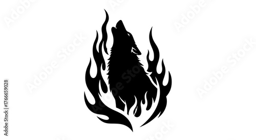 A black silhouette of a wolf howling amidst stylized flames, set against a white background.
