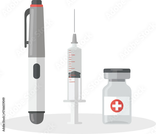Insulin pen, syringe, and vial of medicine on a white background.