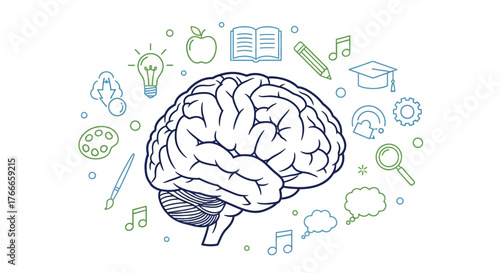Illustration showcasing the human brain surrounded by symbols of knowledge and creativity