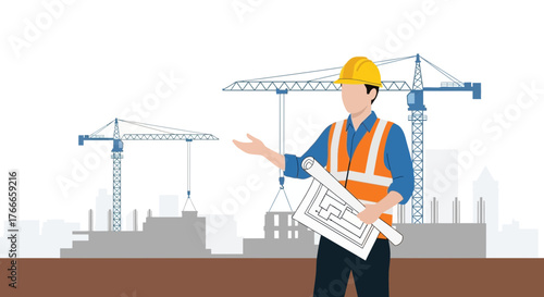 Illustrative depiction of a construction engineer overseeing a building project site
