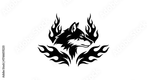 A striking black and white graphic illustration of a wolf's head surrounded by stylized flames.