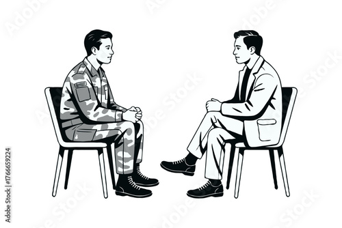 Military man in uniform and civilian man in suit sitting face to face on chairs, monochrome style, on white background, concept of military-civilian dialogue