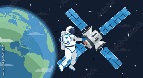 Illustrative astronaut repairing satellite in orbit around Earth emphasizing space exploration and