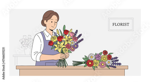 Illustrative depiction of a florist arranging vibrant bouquets in a serene setting