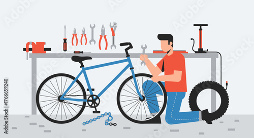Illustrative depiction of a man repairing a bicycle in his workshop at home or garage