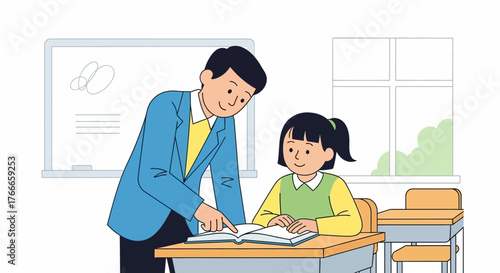 Illustrative depiction of teacher assisting a student in classroom setting promoting education