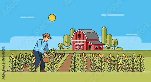 Illustrative farmer harvesting crops on a vibrant countryside backdrop rural scene
