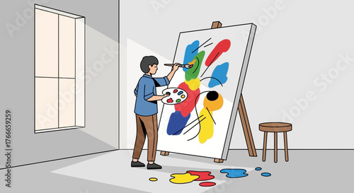 Illustrative depiction of a young artist joyfully painting a vibrant abstract masterpiece in a