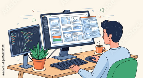Illustrative depiction of a web developer working on a website design using multiple monitors and