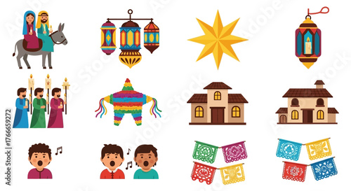 Icons depict Las Posadas traditions figures lanterns star piñata homes banners  carolers