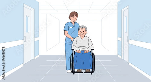 Illustrative scene depicts a nurse assisting a senior man in a wheelchair through a hospital