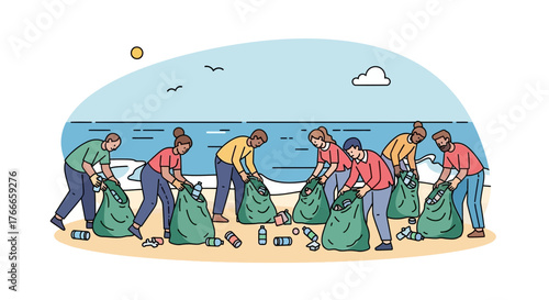 Illustrative image depicts people cleaning up trash on a beach for environmental awareness and