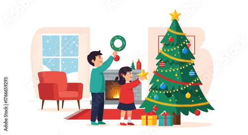 Illustrative depiction of siblings decorating a Christmas tree in a cozy home setting with snow