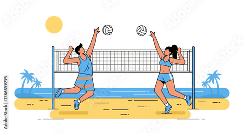 Illustrative scene of beach volleyball game with active players and coastal background showcasing