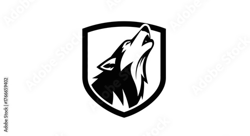 A black and white shield emblem featuring a howling wolf's head silhouette.