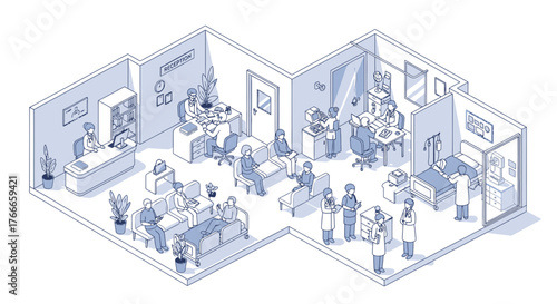 Isometric illustration depicting a hospital waiting area and patient rooms showcasing healthcare
