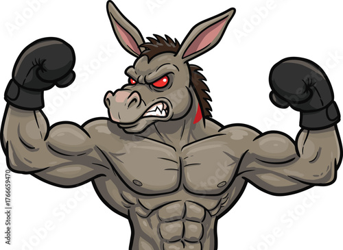 Muscular cartoon donkey with clenched fists and red eyes, fierce pose ideal for sports mascot, fitness branding, or strength-themed design