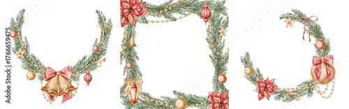 Watercolor Christmas frames set with pine branches, bells, and poinsettia. Illustration of borders and wreath for Xmas greeting cards or New Year invitations. Art with Templates for winter holidays.
