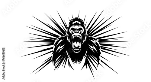A fierce gorilla with an aggressive expression, depicted in a black and white illustration with radiating lines behind it.