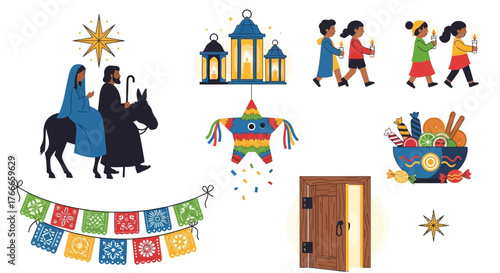 Illustration of Las Posadas Nativity children with candles piñata candy bowl door and decorations