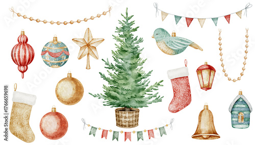 Watercolor Christmas tree and ornaments set with baubles, stars and garlands. Illustration of Xmas decor for holiday greeting cards and New Year invitations. Festive clipart for winter design project.