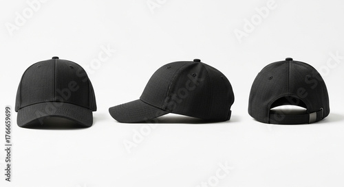 a black hat on isolated white, a baseball cap blank, 3 angles, front, side, and back for mockup fashion
