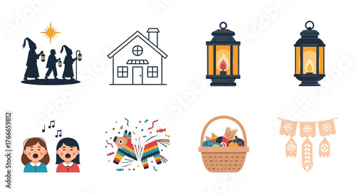 Image shows piñatas basket of treats carolers and lanterns associated with Las Posadas a Latino Christmas celebration