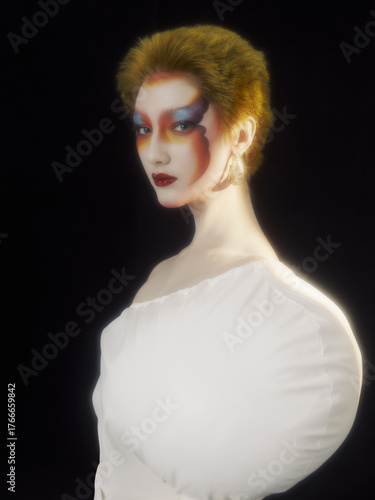 Elegant woman in artistic makeup wearing white off-shoulder top with dramatic lighting.