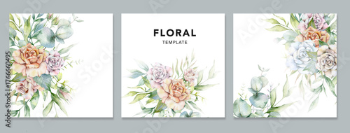 Botanical Watercolor Background with greenery, branches, eucalyptus and flowers. Floral Watercolor Illustration. Spring natural Template. Perfect for Elegant wedding invitations, save the date, poster