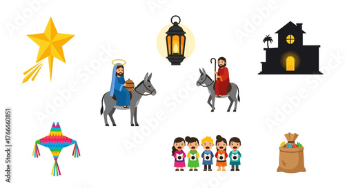 Nativity scene icons Star travelers on donkeys lantern home piñata carolers and gift sack