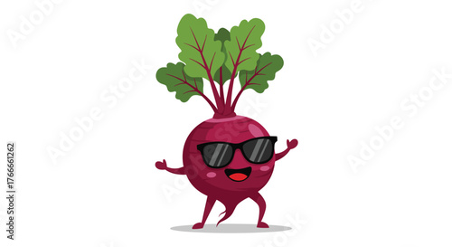 A cool and happy cartoon beetroot character wearing sunglasses, striking a playful pose on a plain white background.