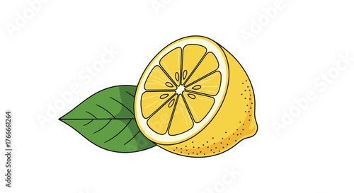 A vibrant illustration of a halved lemon with a green leaf sits on a white background.