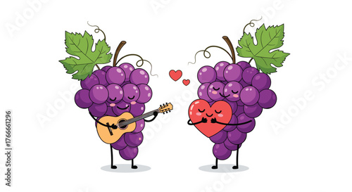 Two bunches of grape caricatures in love, one with a guitar, and the other holding a heart, create a romantic and adorable scene.