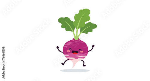 A cheerful cartoon radish with leaves, arms, and legs jumping in the air, expressing joy and happiness on a white background.