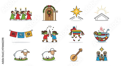 Twelve illustrations depict traditional Mexican Christmas celebrations
