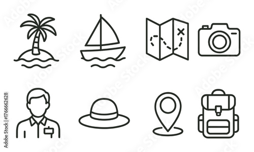 Travel icons set: island, sailboat, map, camera, person, hat, location, backpack