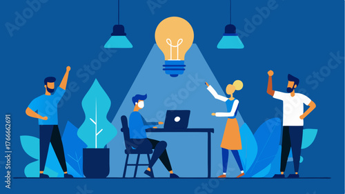 A behindthescenes view of a tech team preparing for their pitch with light bulbs illuminating their workspace highlighting collaboration.