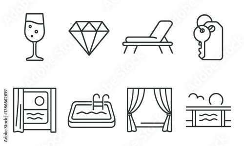 Luxury icons: wine, diamond, lounge, keys, hotel, pool, curtains, balcony