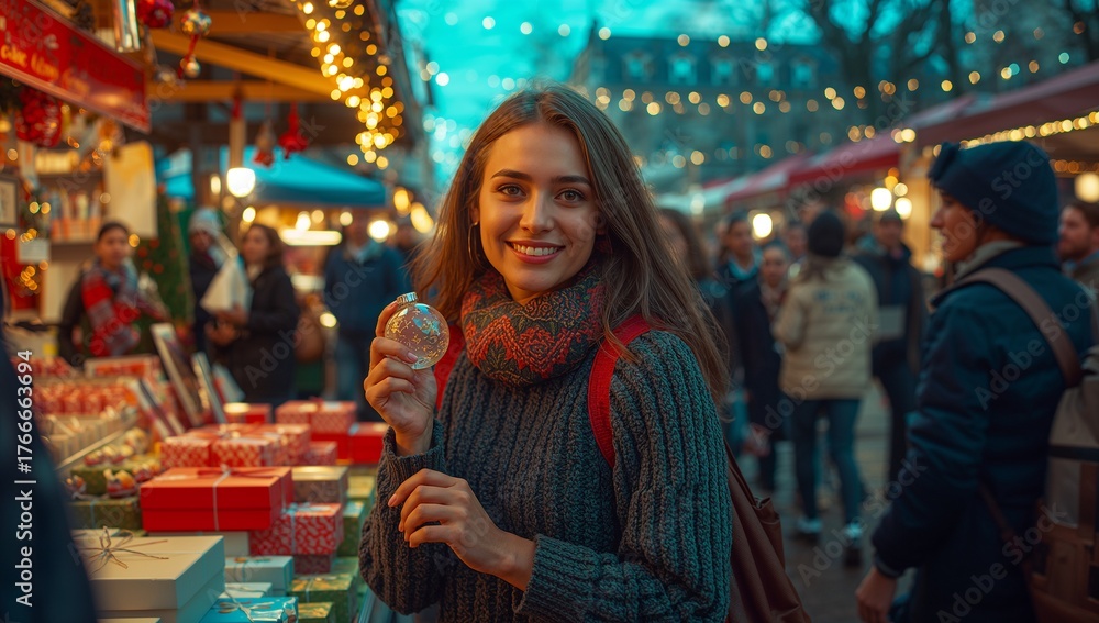 Obraz premium Examining adult woman wearing knit sweater holding glass ornament at market stall, with gift boxes