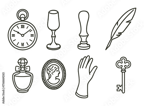 Vintage icons: pocket watch, wine glass, seal, quill, perfume, cameo, glove, key on brown background