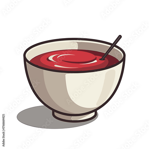 Bowl of tomato sauce, inviting and savory, displayed in simplistic illustration. Bowl features red, smooth, flavorful condiment with spoon, suggesting culinary delight.