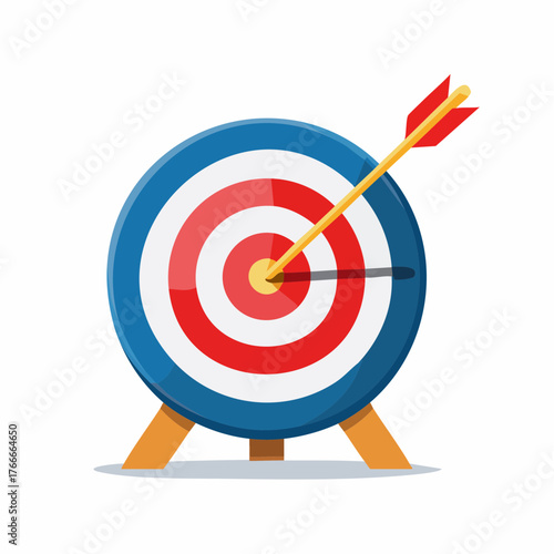 Colorful archery target on a wooden stand with an arrow hitting the center bullseye.