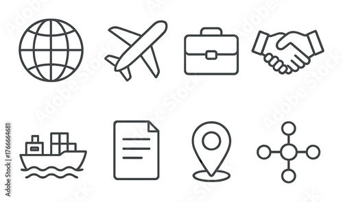 Black and white logistics icons: airplane, handshake, ship, document, globe, briefcase, location, network