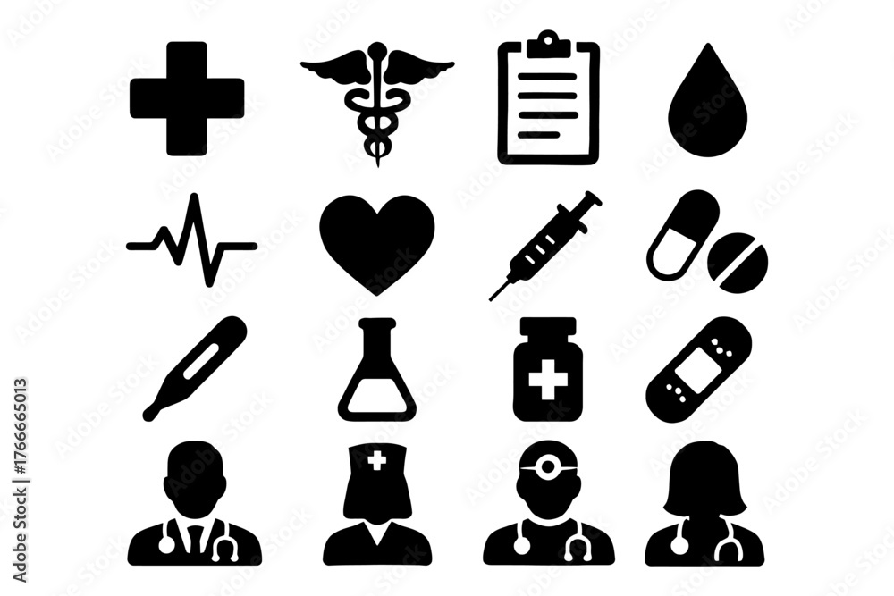 Obraz premium A collection of medical symbols and icons. The icons include a heart, a syringe, a thermometer, a stethoscope. Vector. Silhouette illustration.
