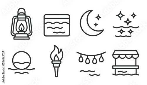 Minimalistic icons of lanterns, moon, stars, and water on olive background