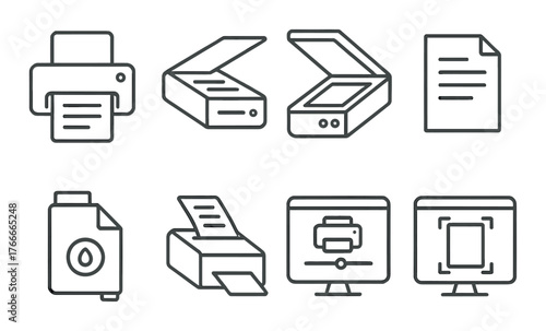 Printer and scanner icons on gradient background: office equipment symbols