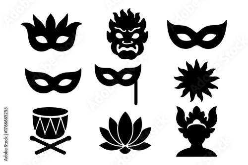 A set of black masks with a variety of designs including a flower, a drum, a mask with a flower on it, a mask with a. Vector. Silhouette illustration.