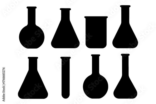 A set of black lab glassware, including beakers, flasks, and test tubes. Concept of scientific precision. Vector. Silhouette illustration.