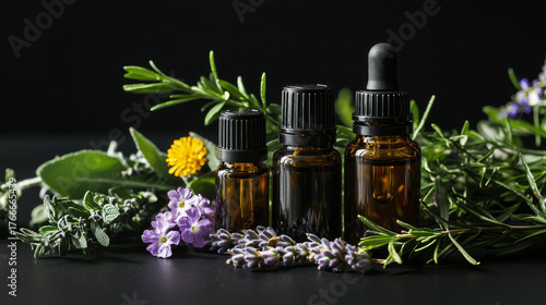 Aromatherapy Essential Oils Displayed with Assorted Herbs Against a Black Background