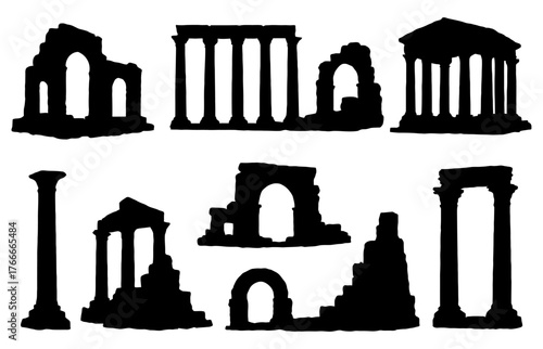 A set of black and white drawings of ancient buildings. The drawings are of different styles and sizes. Vector. Silhouette illustration.